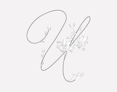 Vektör el çekilmiş çiçek U monogram veya logosu. El çiçek ve dalları ile U harfi harfler büyük harf yapar. Kır çiçekleri. Çiçek tasarım