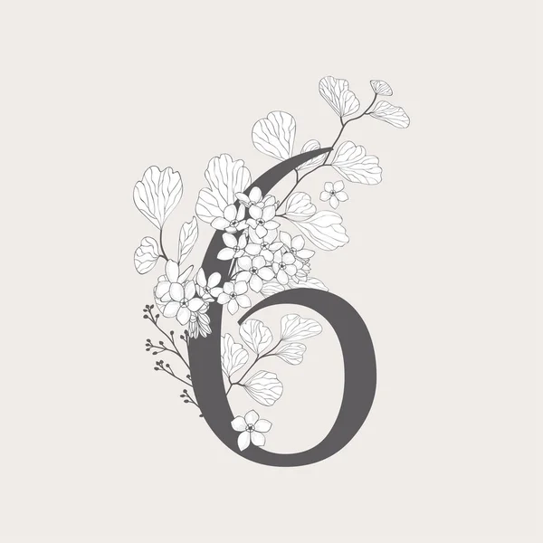 Vector floreciente número floral 6 monograma y logotipo — Archivo Imágenes Vectoriales