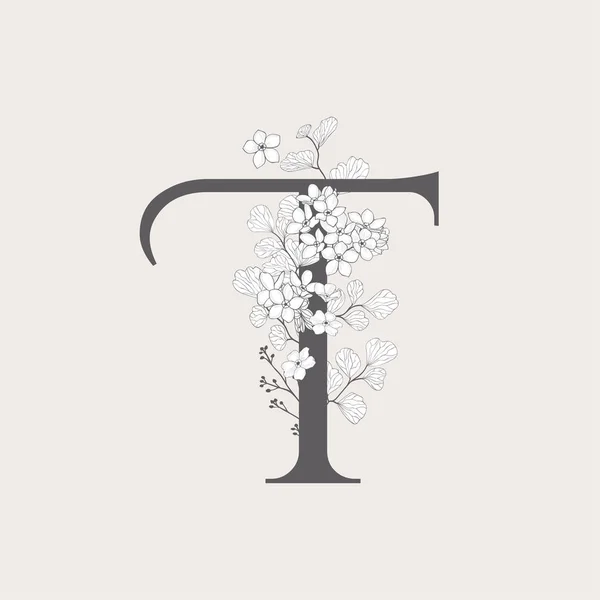 Vector blommande blommor inledande T Monogram och logotyp — Stock vektor