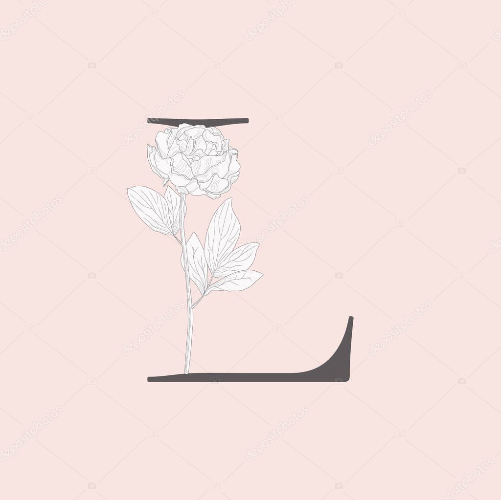 Vector Hand Drawn Flowered L monogram or logo. Uppercase Letter with Peony Flower. Wildflowers. Floral Design