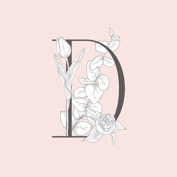 Vector floreciente floral elegante D monograma y logotipo — Vector de stock