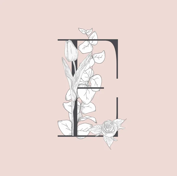 Vector floreciente floral elegante E monograma y logotipo — Archivo Imágenes Vectoriales