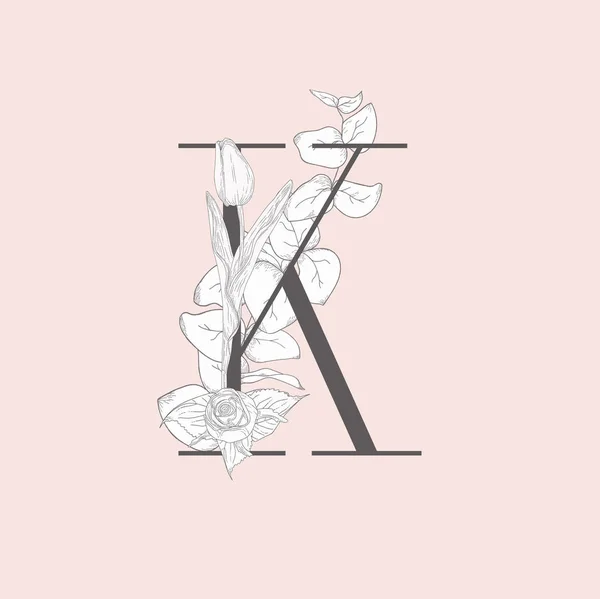 Vector Blooming Floral Elegant K Monogram and Logo — Stock Vector