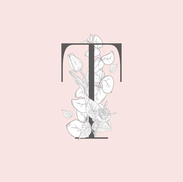 Vetor Blooming Floral Elegante T monograma e logotipo — Vetor de Stock