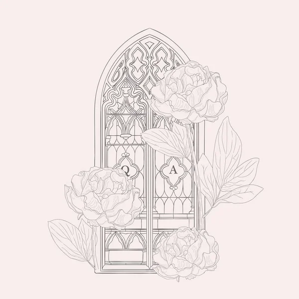 Vektör El Çizilmiş Eski Gotik Pencere İllüstrasyon — Stok Vektör