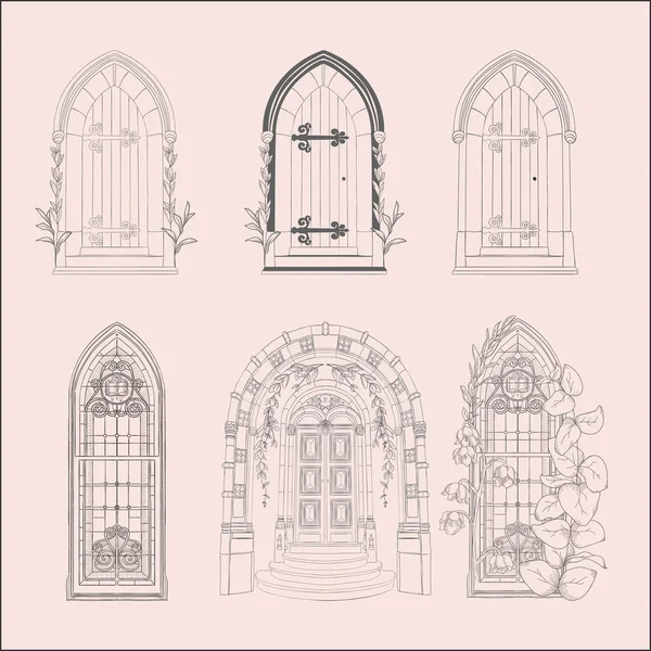 Dibujo a mano Vintage Puertas, puertas, ventanas Set . — Vector de stock