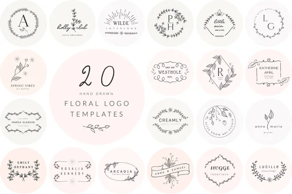 Vector Hand Drawn Floral Logo Templates Collection — Stock Vector