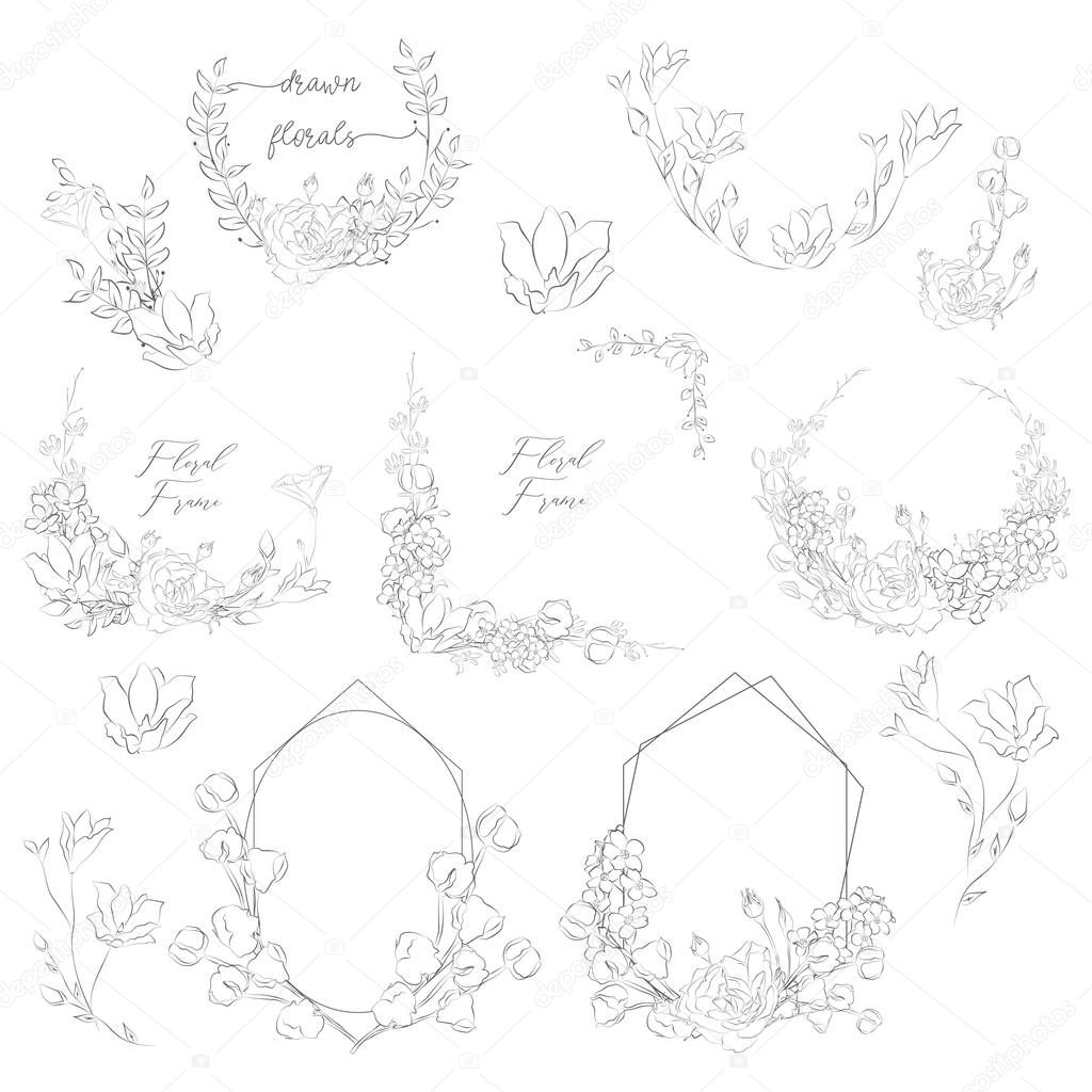 Vector Hand Drawn Frames with Florals and Plants