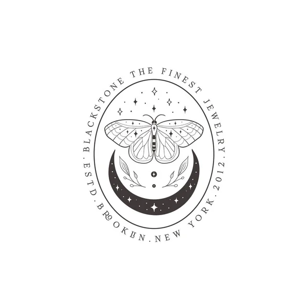 Abstraktes Mond-Schmetterling-Logo mit Sternen im Rahmen — Stockvektor
