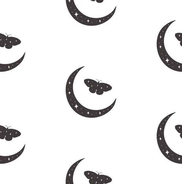 月、星、蝶と宇宙シームレスパターン — ストックベクタ