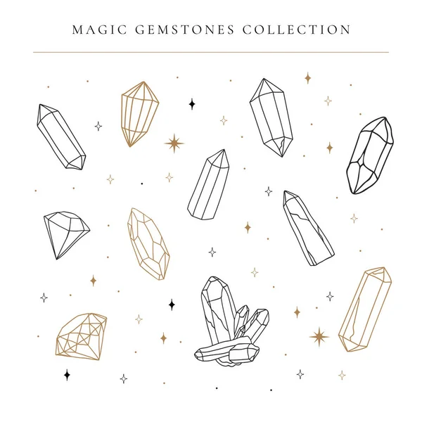 Grand ensemble de gemmes de cristal de dessin à la main, art linéaire — Image vectorielle