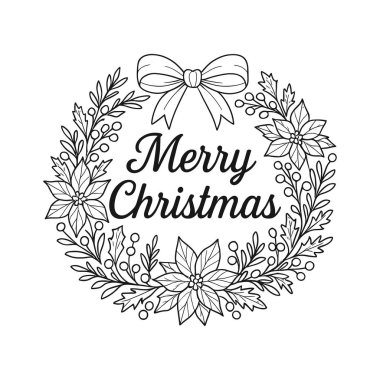 Merry Christmas Hoop Design DIY Holiday Decor. Black and white hand drawn Christmas wreath Hand Embroidery Pattern featuring holly leaves, poinsettia flowers, berries, stars, and a festive bow. Perfect for holiday greeting cards, coloring pages, more