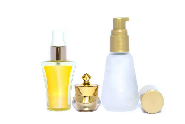 Coleção de recipientes de higiene beleza vaus no fundo branco — Fotografia de Stock