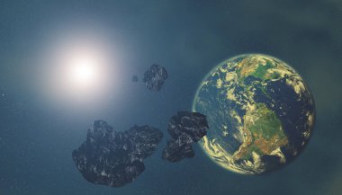 Seyyare yerküre ve derin, karanlık uzayda asteroitler. Nasa tarafından döşenmiş bu görüntü unsurları