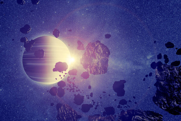 Планета, окруженная астероидным полем в темном космосе
