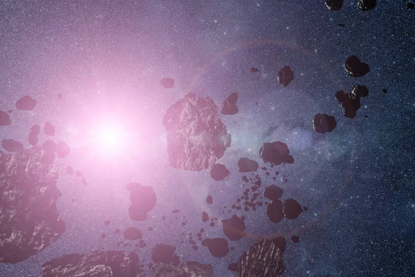 Дюжины Астероидов Летающих Темном Космосе — стоковое фото