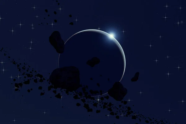 Πλανήτης Περιβάλλεται Αστεροειδή Τον Τομέα Σκοτεινό Χώρο — Φωτογραφία Αρχείου