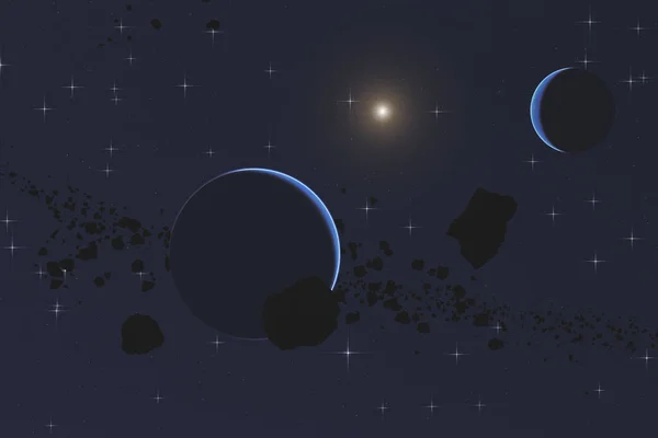 Bolygó Körül Sötét Űrben Aszteroida Mező — Stock Fotó