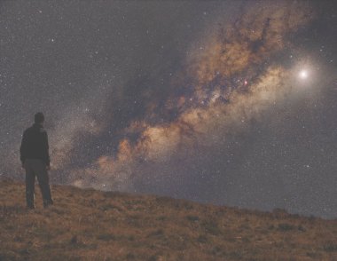 Yalnızlık kavramı. Arka ayakta ve gökyüzünde dört gözle adam