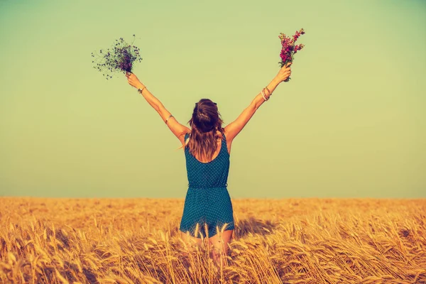 Woman Raised Hands Two Wildflower Bouquets Barley Meadow — Stock Photo, Image