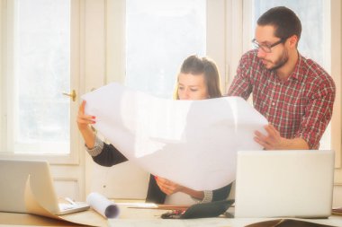 Genç grup insan iş planları tartışıyor.