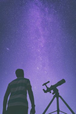 Young man using a telescope at night clipart