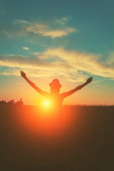 back view of woman with raised hands standing in meadow and looking at sunset