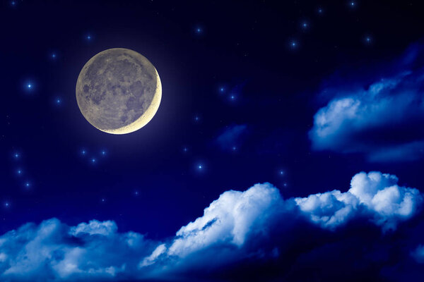 Bright moon with stars shining in night sky with fluffy clouds, space concept