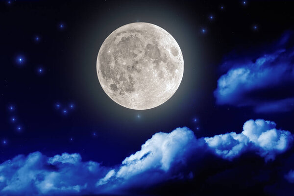 Bright moon with stars shining in night sky with fluffy clouds, space concept