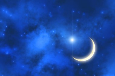 kabarık bulutlar, boşluk kavramı ile gece gökyüzünde parlayan yıldız parlak ay 