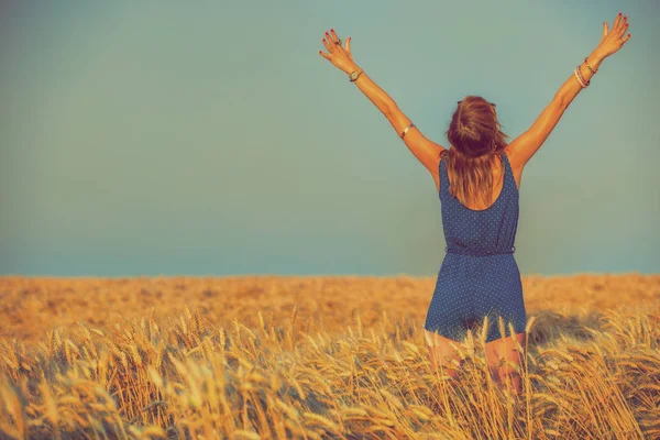 Rückansicht Einer Frau Mit Erhobenen Händen Die Einem Sonnigen Tag — Stockfoto