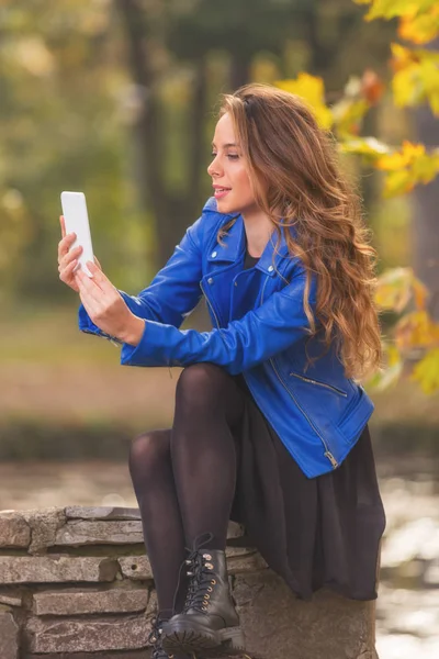 muhteşem bir kadın alarak selfie smartphone ile sonbahar park taş çit üzerinde otururken gülümseyen    