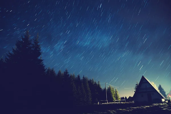 bright stars shining in night sky over dark silhouettes of trees and alone house,