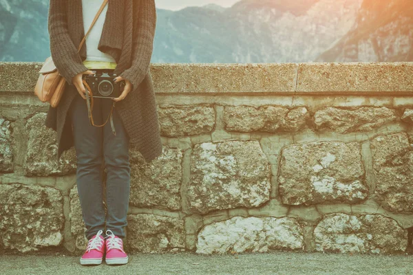 Cute Young Female Photo Camera Outdoors — Stock Photo, Image