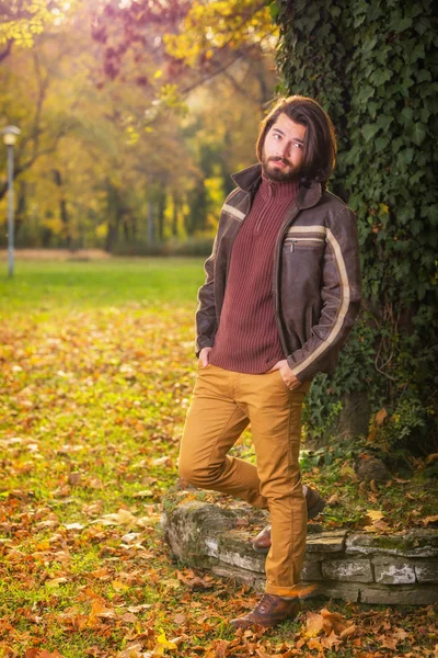 Yakışıklı Adam Şık Giysileri Sonbahar Park Ağacında Yakınındaki Poz — Stok fotoğraf