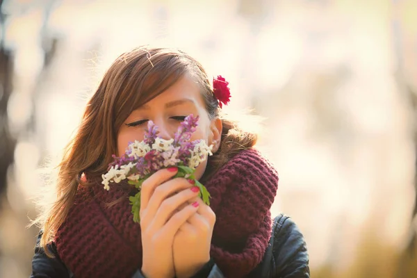 Cute Woman Smelling Beautiful Flower Bouquet Blurred Natural Background — Stock Photo, Image
