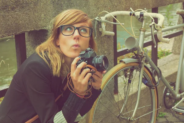 Cute Young Female Photo Camera Outdoors — Stock Photo, Image