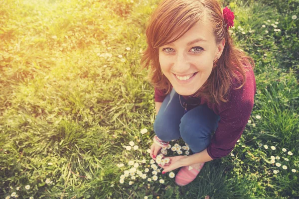 yeşil çayır üzerinde beyaz chamomiles koparma kadın 