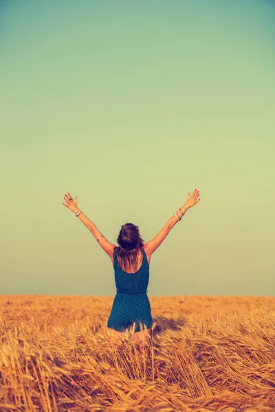 arpa çayır kaldırdı elleriyle duran mavi elbise giyen kadın 