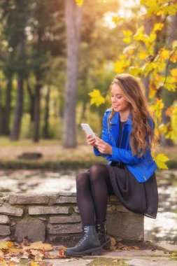 Sonbahar Park taş çit üzerinde otururken Smartphone kullanarak gülümseyen güzel kadın   