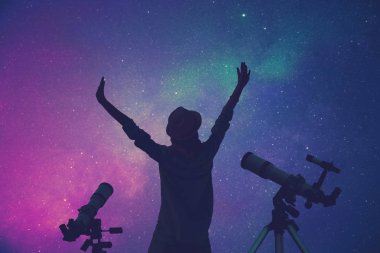 Geceleri bir teleskop kullanan kız