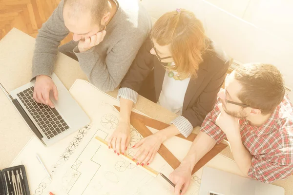 Genç grup insan iş planları tartışıyor.