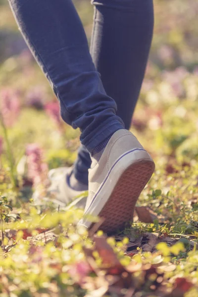 arkadan görünüşü çayırda yürüyüş spor ayakkabı kadın bacaklar 