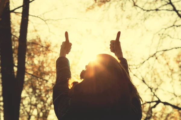 Silhouette Woman Standing Raised Hands Showing Thumbs Forest — Stock Photo, Image
