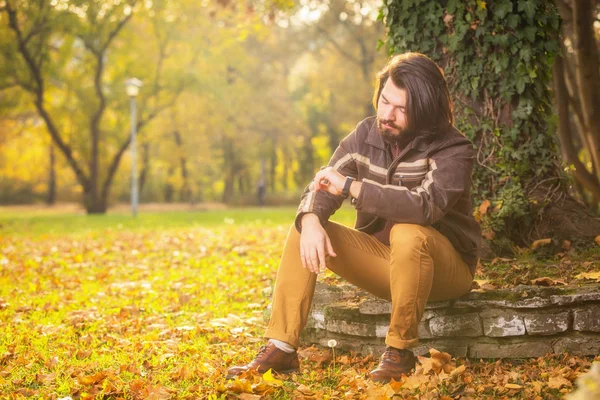 taş ağaç ve sonbahar ormandaki yandan bakarak yakın oturan yakışıklı adam   