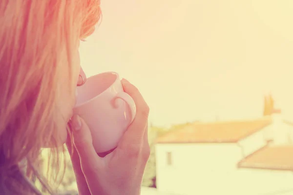 Woman Drinking Coffee Close Shot — Stock Photo, Image