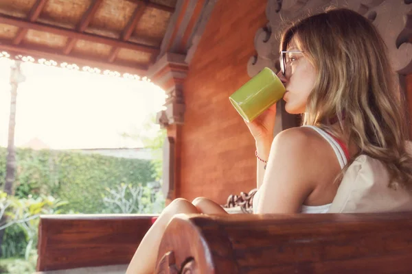 Girl Drinking Coffee Tea Enjoying Sunrise Sunset Garden — Stock Photo, Image