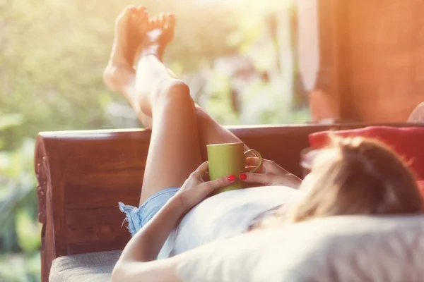 Girl Drinking Coffee Tea Enjoying Sunrise Sunset Garden — Stock Photo, Image