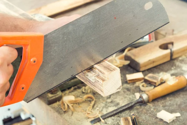 Carpenter Working Raw Board Wood — Stock Photo, Image