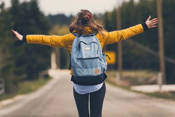 Girl Walking Empty Road Arms Wide Open — Stock Photo, Image